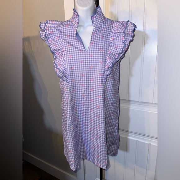 Umgee Size Small Blue and White Gingham with Pink Bows Ruffle Boutique Dress - Picture 6 of 12